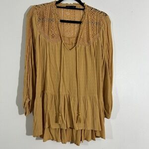 American Eagle Women Yellow Peasant Tunic Blouse 2XS Oversized Long Sleeve